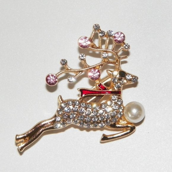 Christmas Reindeer Rhinestone Brooch 2" Gold - Picture 4 of 5
